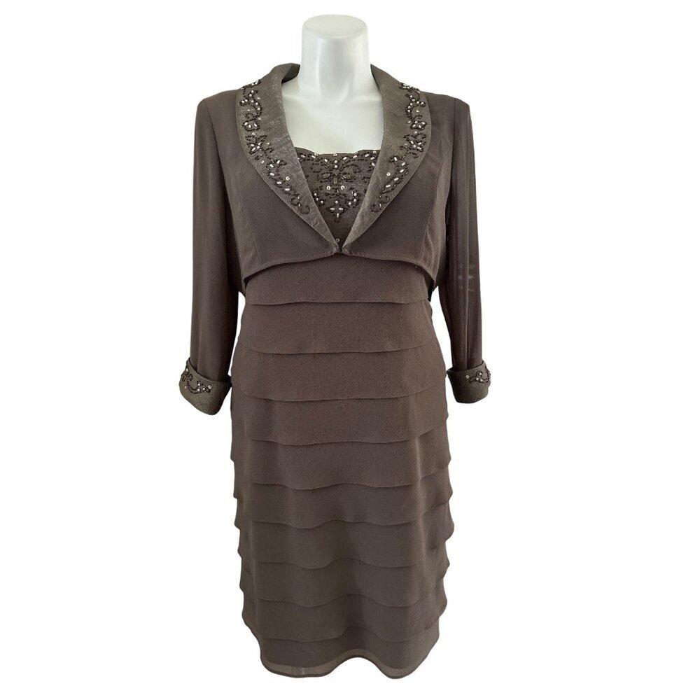 S.L. Fashions NWT Beaded Tiered Sheath Dress & Jacket Set, Stone Women's Size 18